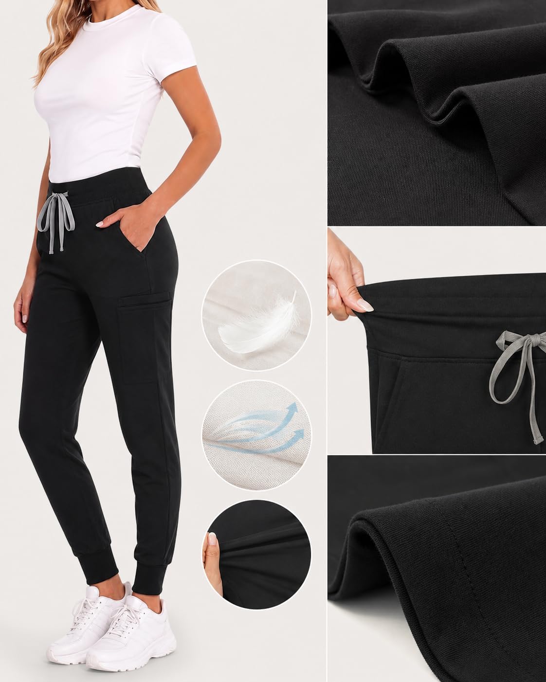 Womens Scrub Pants, 6 Pockets Jogger, Medical Workwear | Soft breathable stretch jogger scrub pants, drawstring mid-rise, wrinkle-resistant comfort for nurses and long shifts.