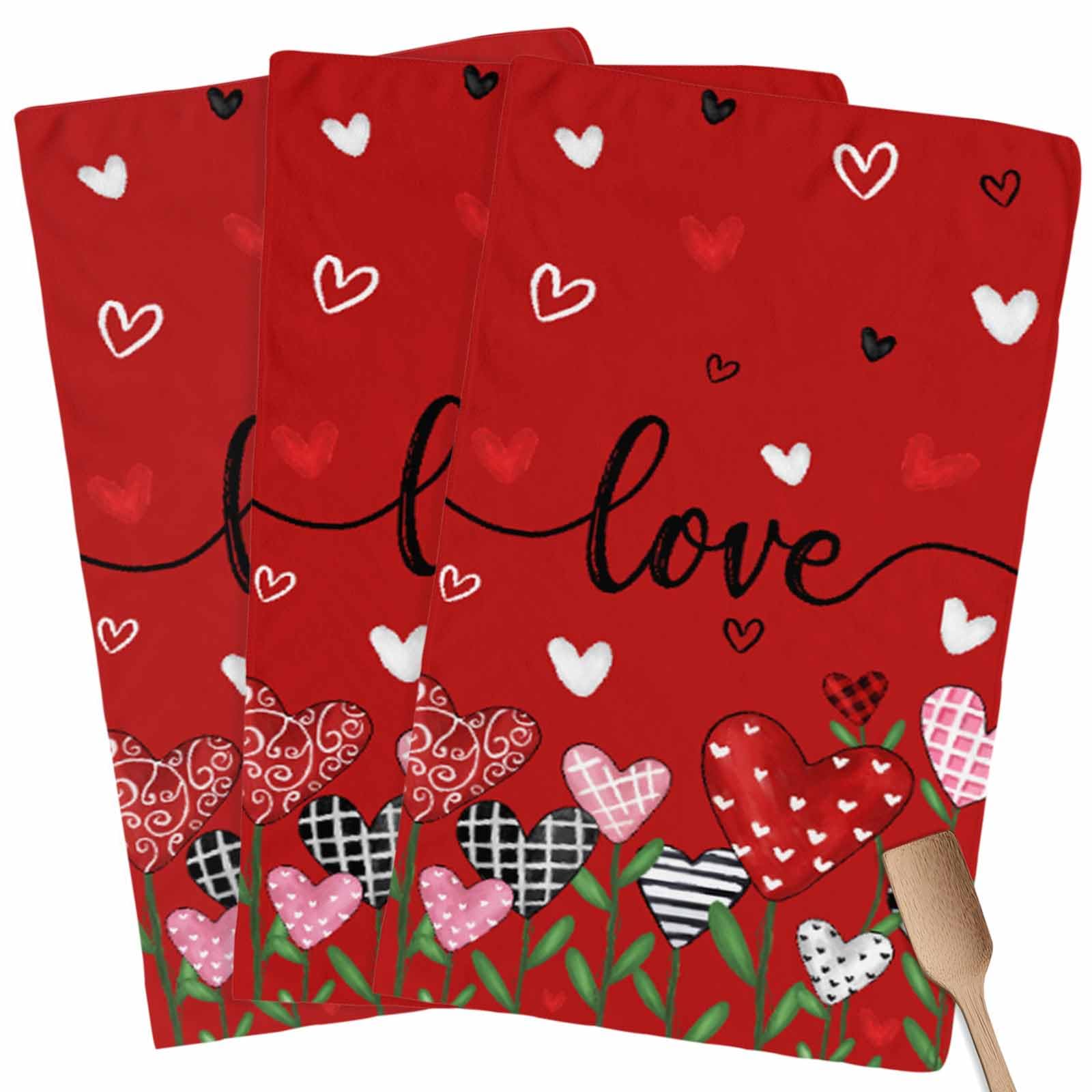 Valentines Kitchen Towels Love Heart Flower Hand Towels Black Red Valentines Day Dish Towel Soft Absorbent Quick Drying 4 Pack Dish Cloths 18x28 Inch Anniversary Wedding Decoration