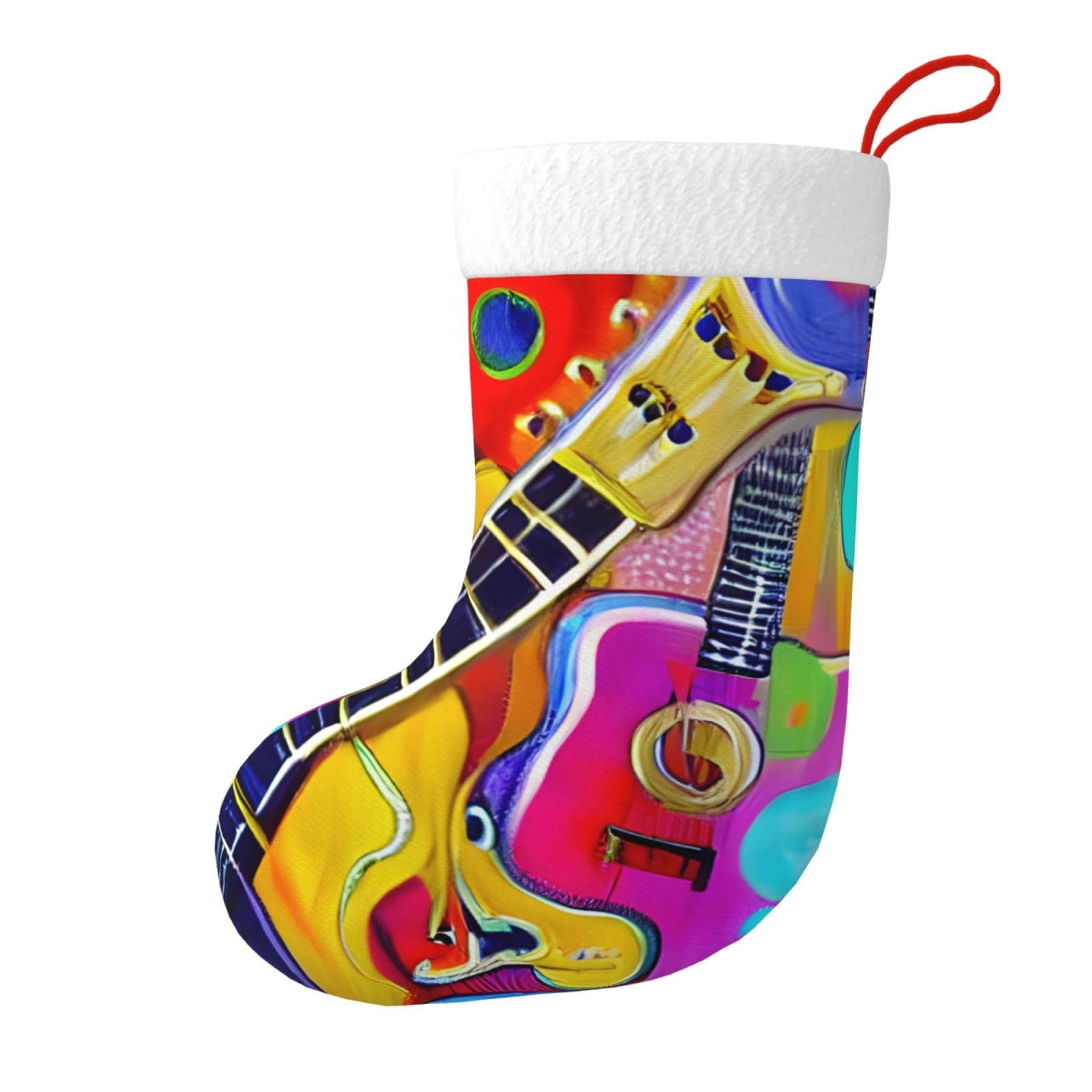 Cadrewy Black Color Acoustic And Guitars Print Xmas Stocking Party Decor Christmas Fireplace Tree Hanging Socks Family Celebration