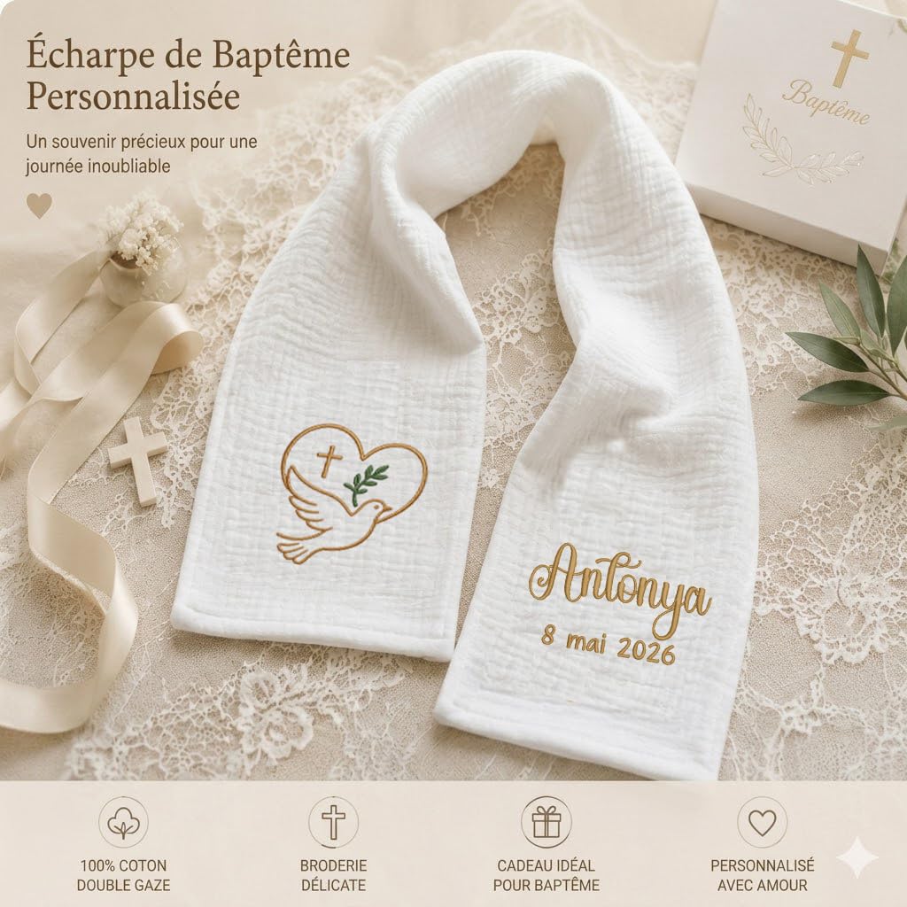 XIAOMA Écharpe de Baptême Personnalisée Bébé avec Broderie Prénom et Date – Étole Baptême en Double Gaze de Coton – Cadeau Baptême Garçon Fille avec Coffret Cadeau – Fabrication sous 48h