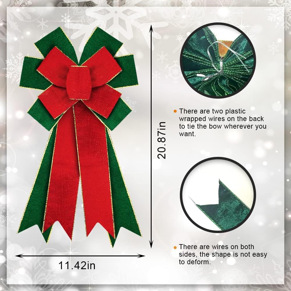 Hying Large Christmas Bows for Wreath, Red Green Velvet Wreath Bows for Xmas Décor Christmas Velvet Winter Bow for Front Door Indoor Outdoor Wall Tree Topper Decoration Supplies Christmas Ornament - Image 2