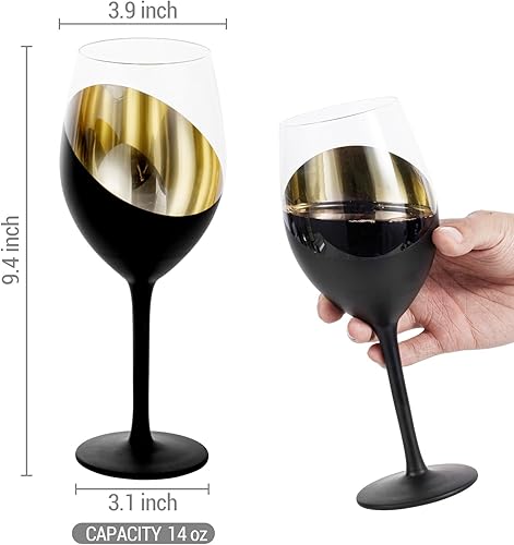 Miniatura 5 de MyGift Copas de vino modernas inclinadas de 14 onzas con tallo negro mate y dorado, diseño elegante en ángulo con copas de cristal de acento