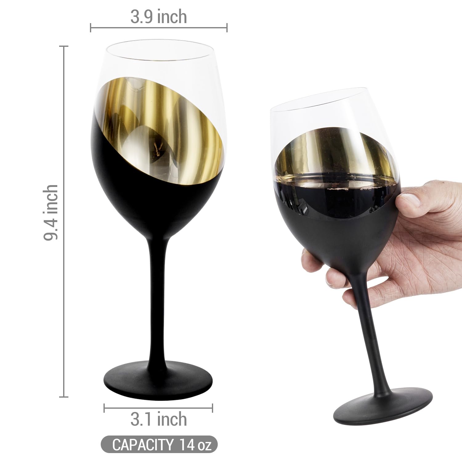 MyGift 14 oz Modern Slanted Matte Black and Gold Tone Stemmed Wine Glasses, Elegant Angled Design with Metallic Interior Accent Glass Stemware, Set of 6