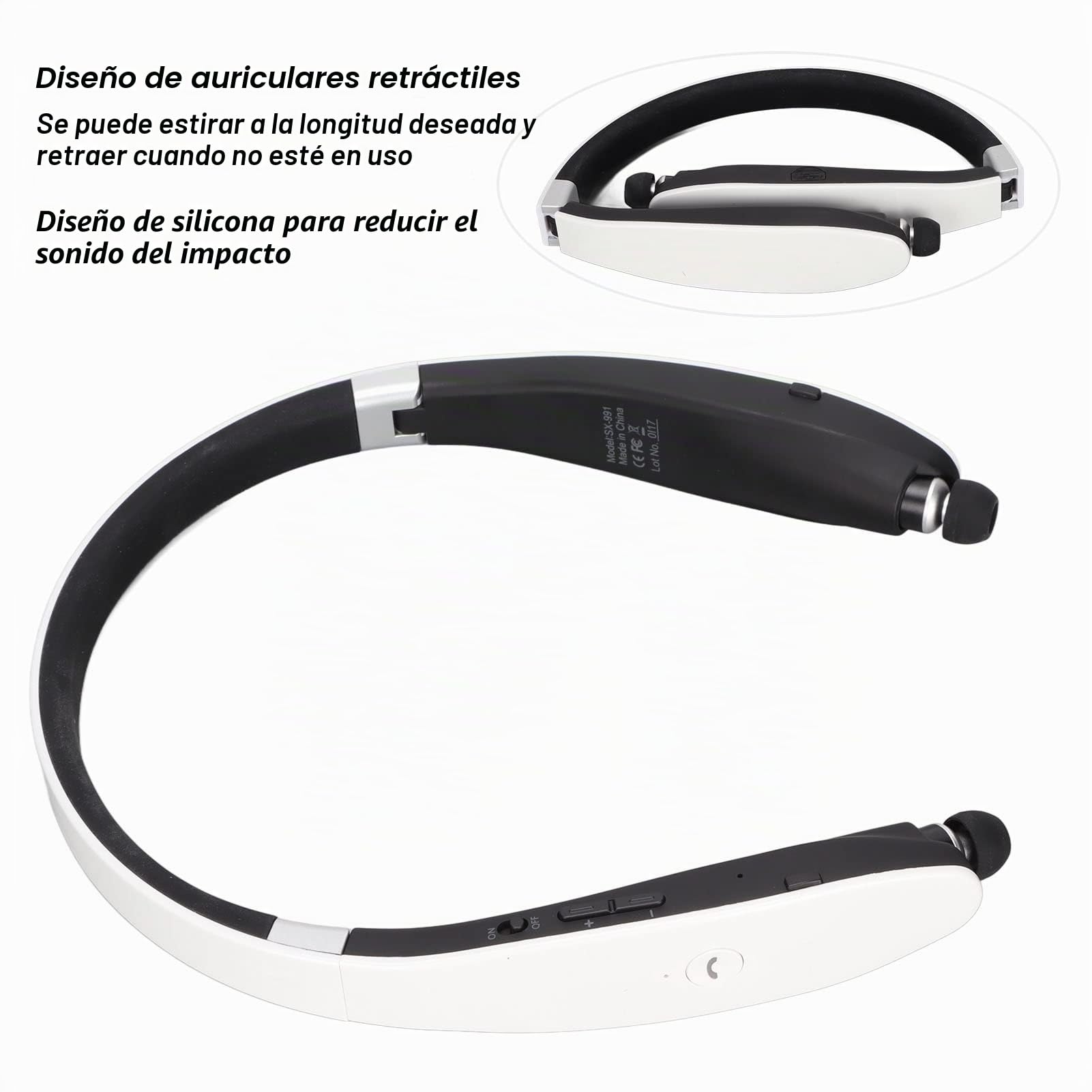 Auriculares Bluetooth 5.0 con Banda para El Cuello, Cancelación de Ruido CVC, Micrófono HD, Subwoofer Estéreo, Auriculares Retráctiles Plegables, Llamadas Claras y Estables para Viajes(Blanco)