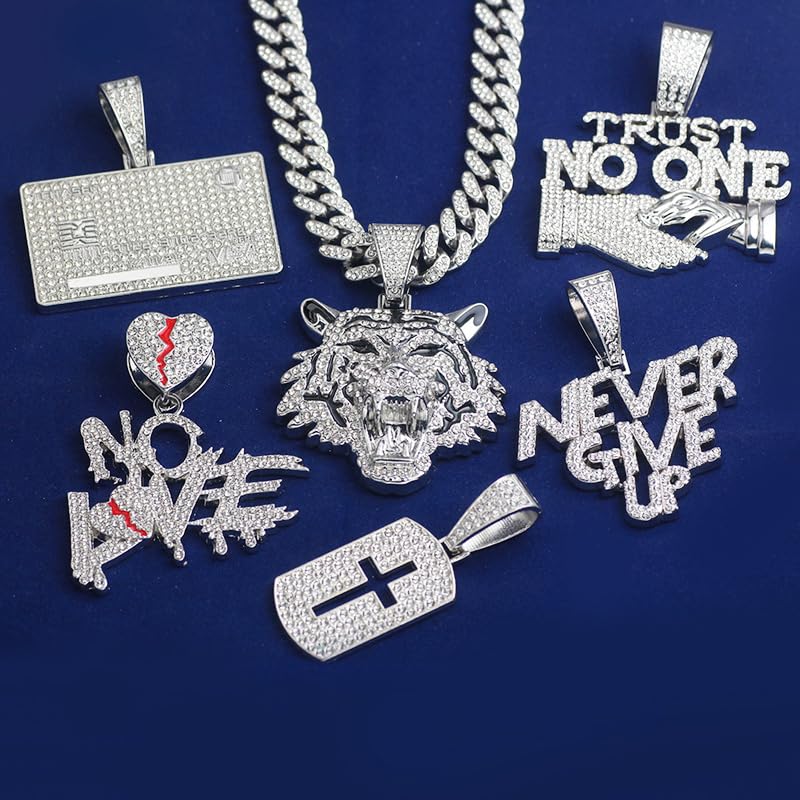 GuoShuang Silver Cuban Link Chain for Men with Pendant,miami Ice Out Diamond Cuban Link Tiger Cross Never Give UP Cridit Card VISA Necklace Hip Hop Jewelry men necklace3