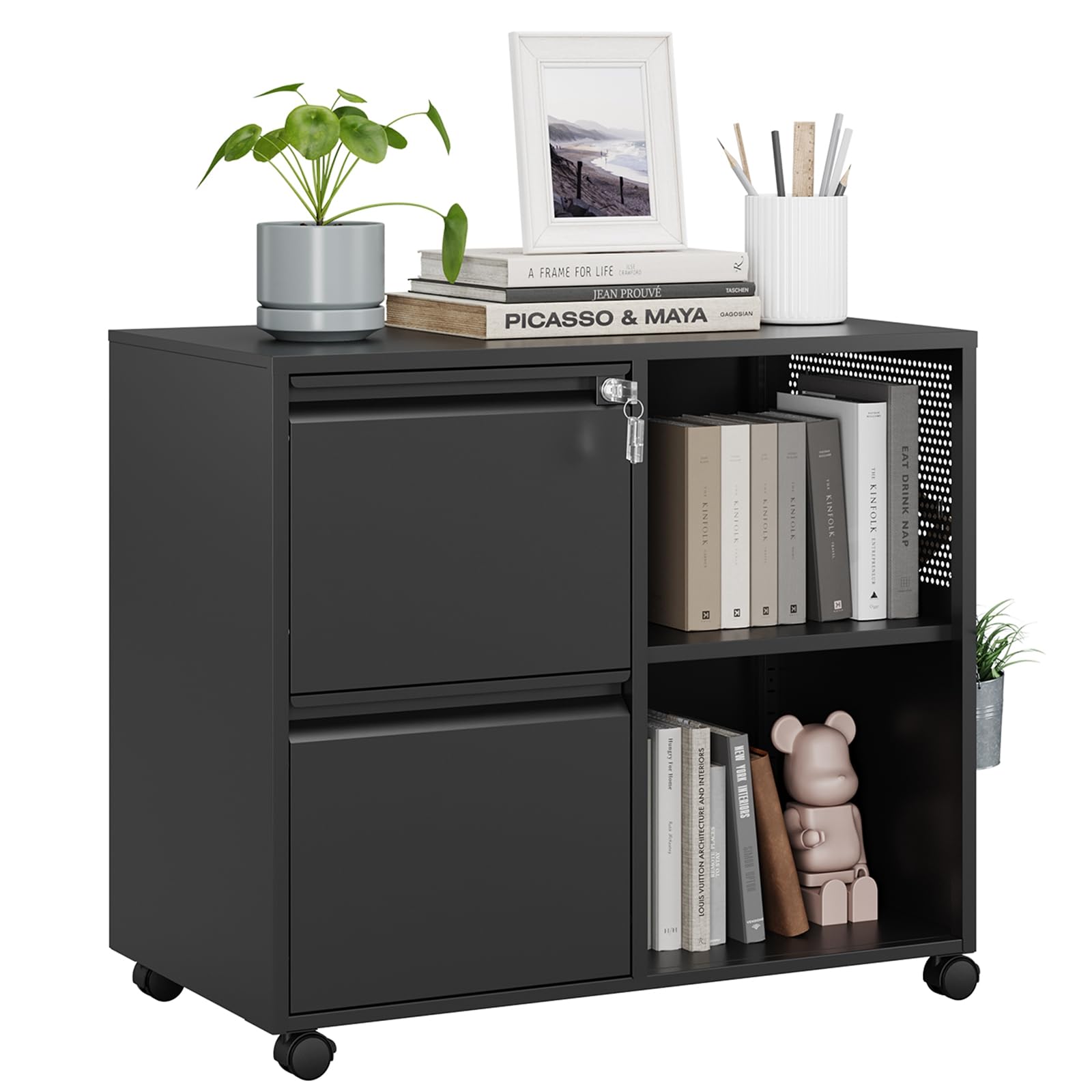 MIIIKO 2 Drawer File Cabinet on Wheels, Metal Filing Cabinets with Shelf, Home Office Mobile File Cabinet with Lock, Printer Stand Storage A4, Letter Size File Folders