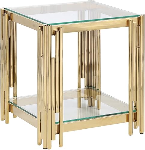 Miniatura 3 de Mesa de centro de cristal de 20 pulgadas, mesa de centro dorada para sala de estar, mesa auxiliar de vidrio cuadrada ancha, mesa auxiliar con