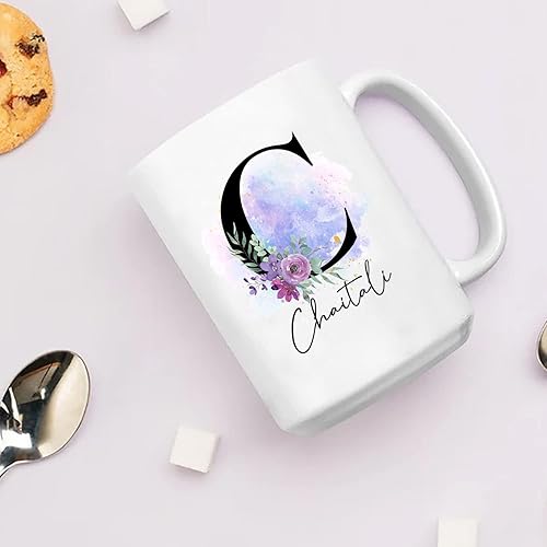 Vista 10 de Taza de café floral con monograma con nombre inicial personalizado, 11 15 onzas, taza de café con nombre personalizado con letra del alfabeto, Letra