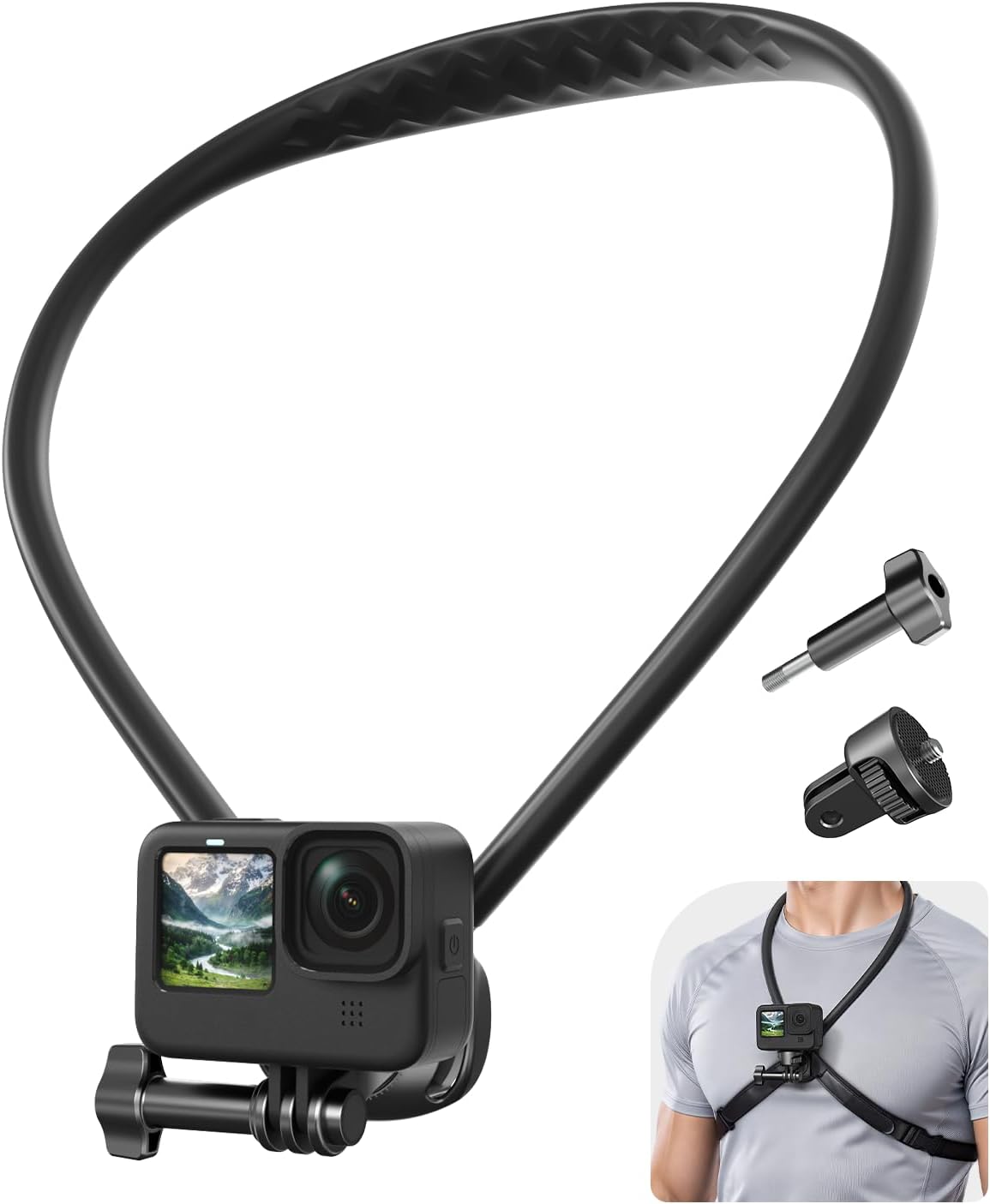 2026 Upgraded Neck Mount for Action Cameras, 26“ Extended Neck Holder, 59” Adjustable Chest Strap, 360° Rotating Camera Mount for Go Pro Hero 13/12/11, DJI Osmo Action 5 Pro/4/3, Sta360 X5/X4/X3 | Flexible; Foldable; Portable,1/4 Adapter