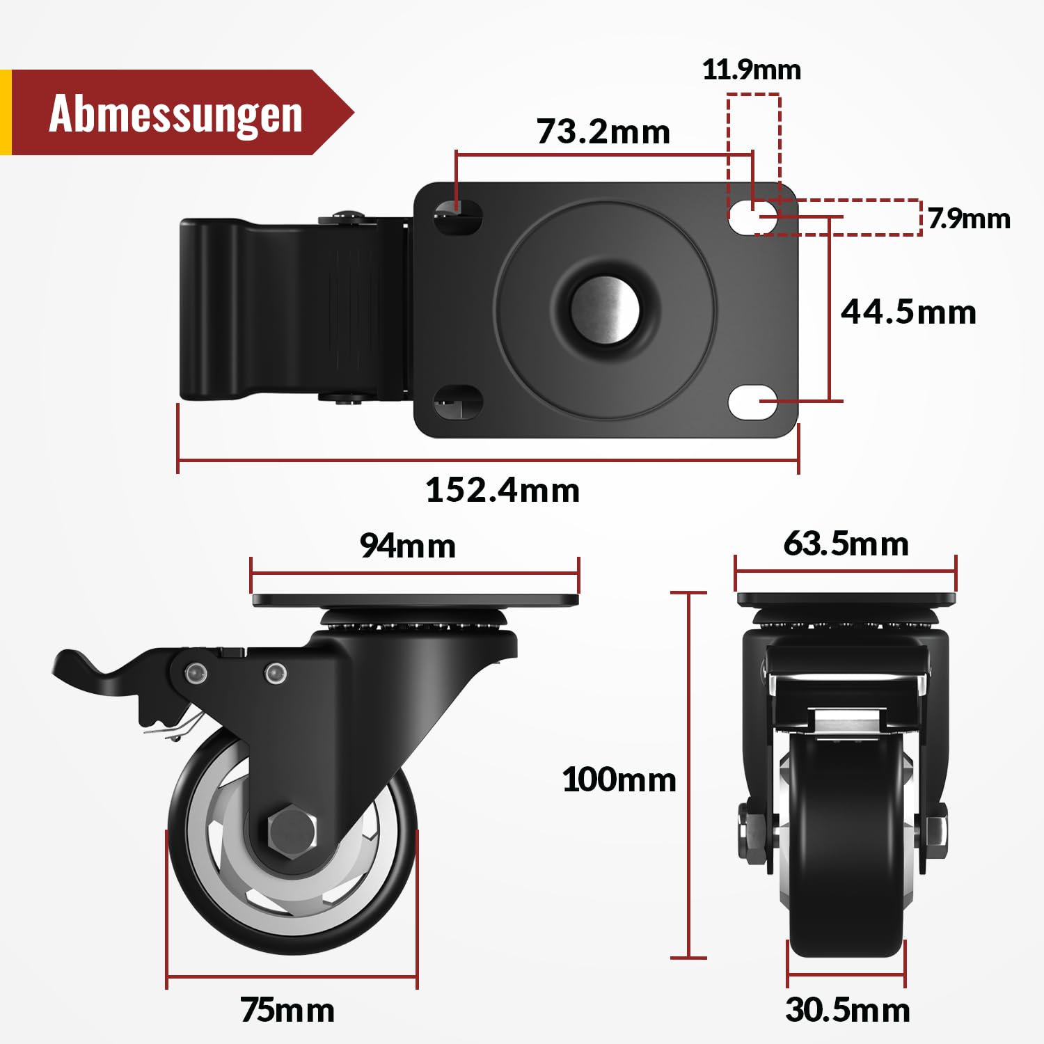 Detailed dimensions of the 75mm caster with brake, showing height, wheel diameter, and plate measurements.