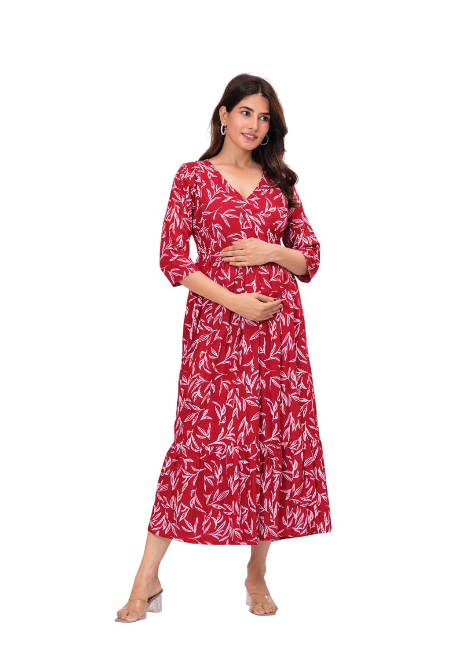 khejal All Over Printed Cotton Maternity Kurti | Floral Feeding Gown for Women | Lightweight Pregnancy Dress with Dual Zipper for Easy Nursing-picture-17