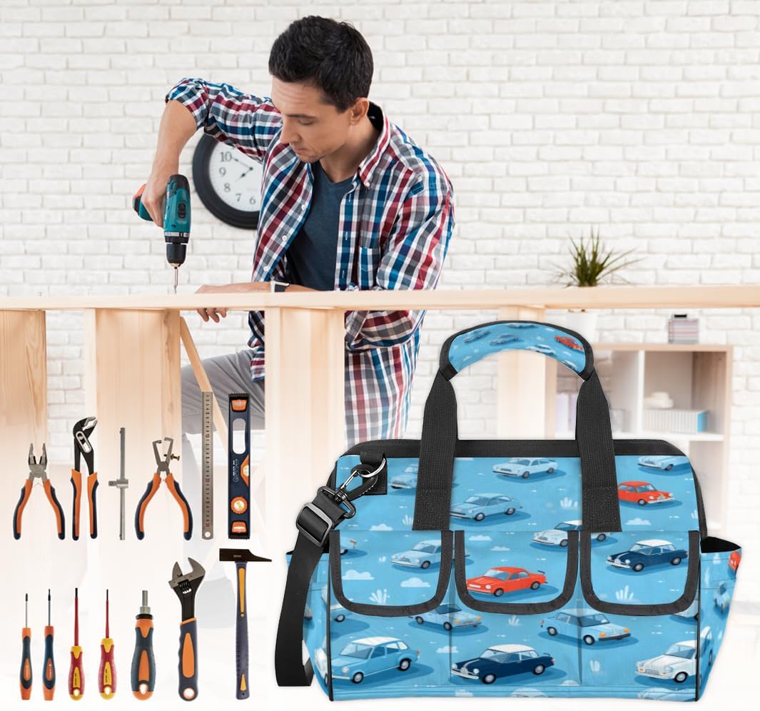 Cloudy Cars Scene Heavy Duty Tool Bag 14.8 Inch for Men, Wide Mouth Garden Tool Storage Bag with Adjustable Shoulder Strap, 14 Pockets Tool Bag Organizer for Construction, Gardening