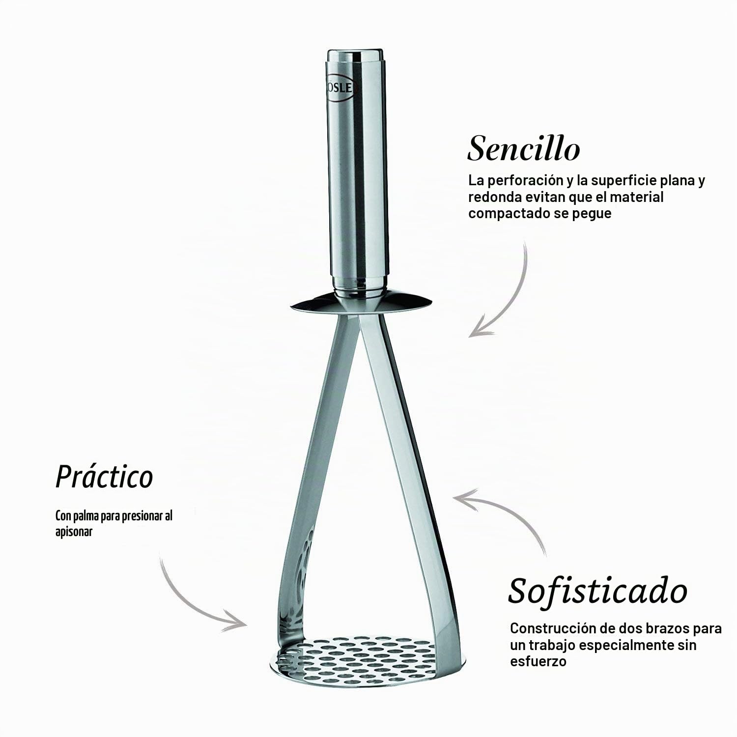 Rösle, Triturador de Patatas, Machacador de Patatas de Calidad para Patatas y Verduras Tuberosas, Acero Inoxidable 18/10, Brillante/Mate, Apto para Lavavajillas