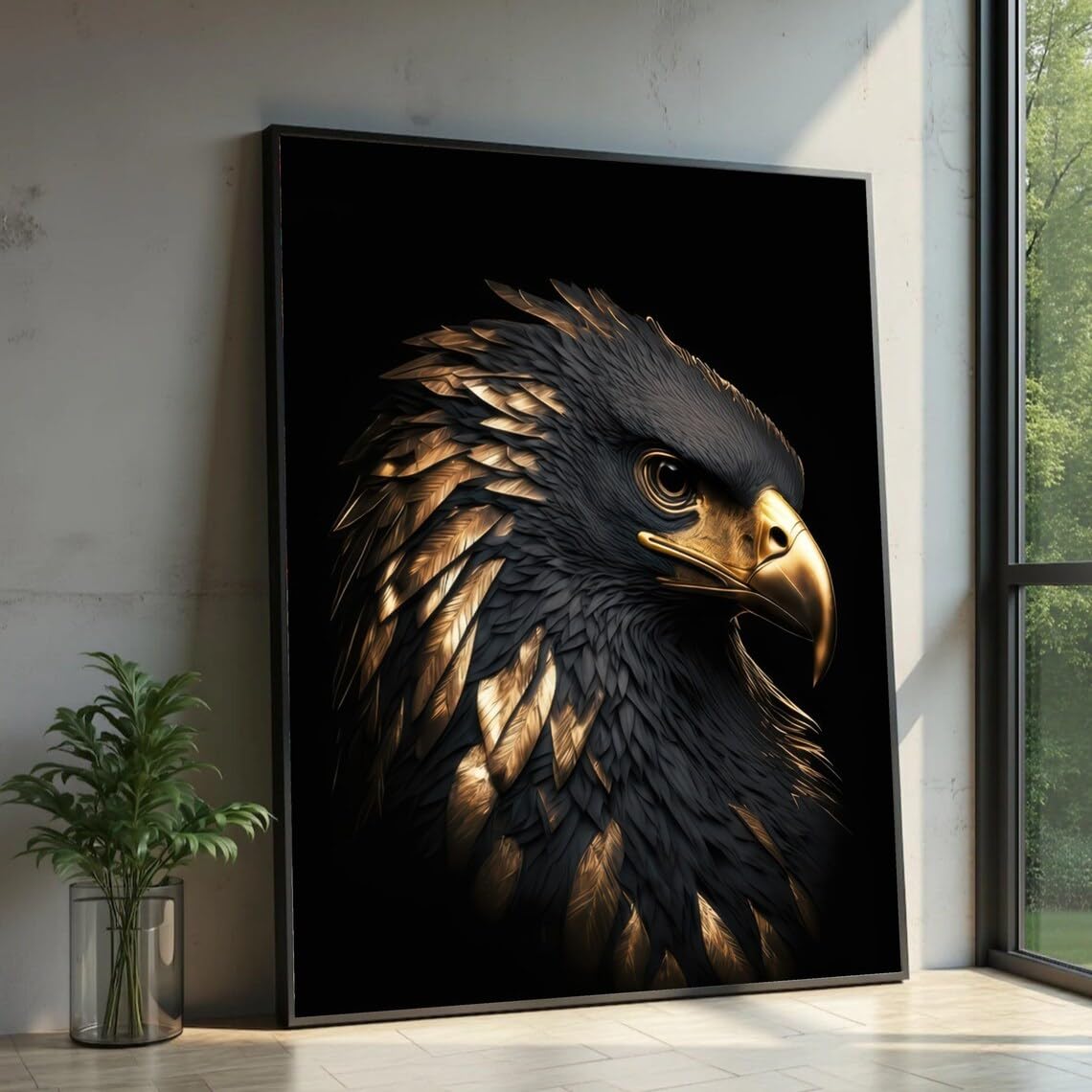 Toile portrait d'aigle 30x40cm pour mur vide plumes dorees