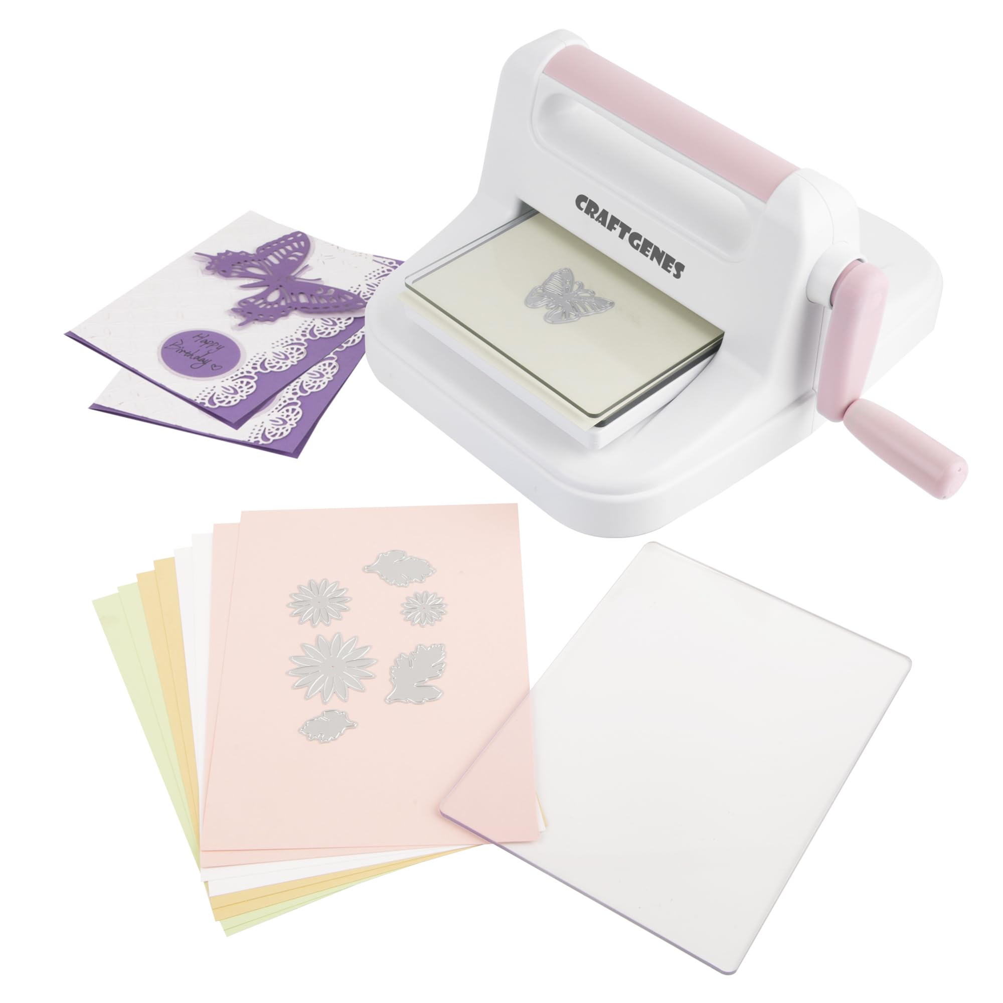 CraftGenes Stanzmaschine und Prägemaschine, 15,2 cm, Öffnungsgröße für Kartenherstellung, Scrapbooking und Bastelarbeiten, komplettes Set mit A5-Stanzformen, Prägeschablonen und Tellern (Rosa)
