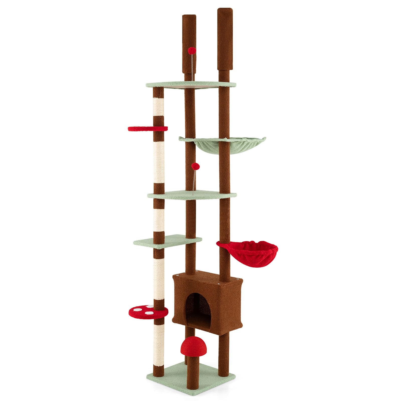COSTWAY Árbol Rascador para Gatos de Suelo a Techo, Torre Rascador Alta para Gatos, Ajustable de 207-277 cm, con Condo y Hamaca, Cesta Colgante, Postes para Rascar de Sisal, 2 Pelotas con Resorte