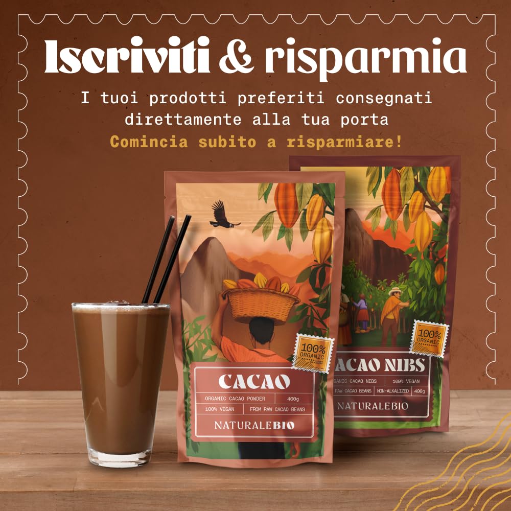 NaturaleBio Cacao Biologico in Polvere 1kg. Naturale e Puro da Fave Crude. Non Zuccherato. Prodotto dalla pianta Theobroma Cacao. Lavorato a Basse Temperature. Testato per Metalli Pesanti