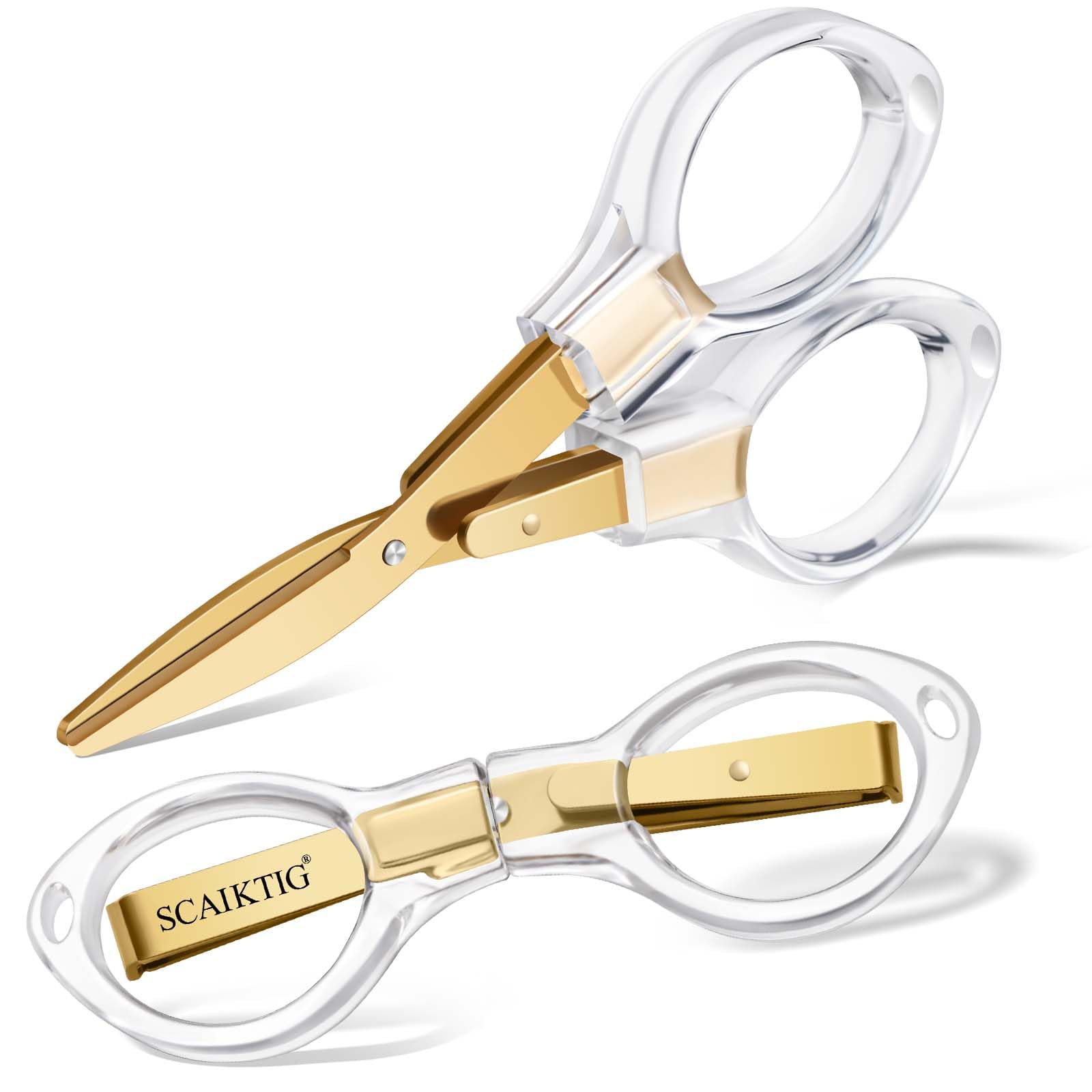 SCAIKTIG 3.8” Folding Travel Scissors Set (2 Pcs), Safety Small Mini Foldable Scissors All Purpos, Clear Acrylic Comfort-Grip Handles, Gold Titanium