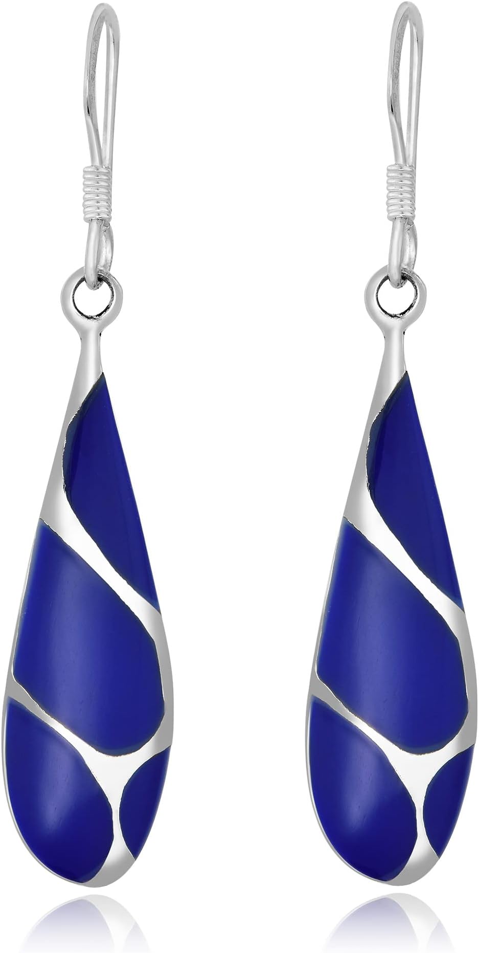 Vintage Streaked Teardrop Simulated Blue Lapis Lazuli .925 Sterling Silver Dangle Earrings | Shiny Fish Hook Earrings | 9x45mm Lightweight Gift Jewelry for Women