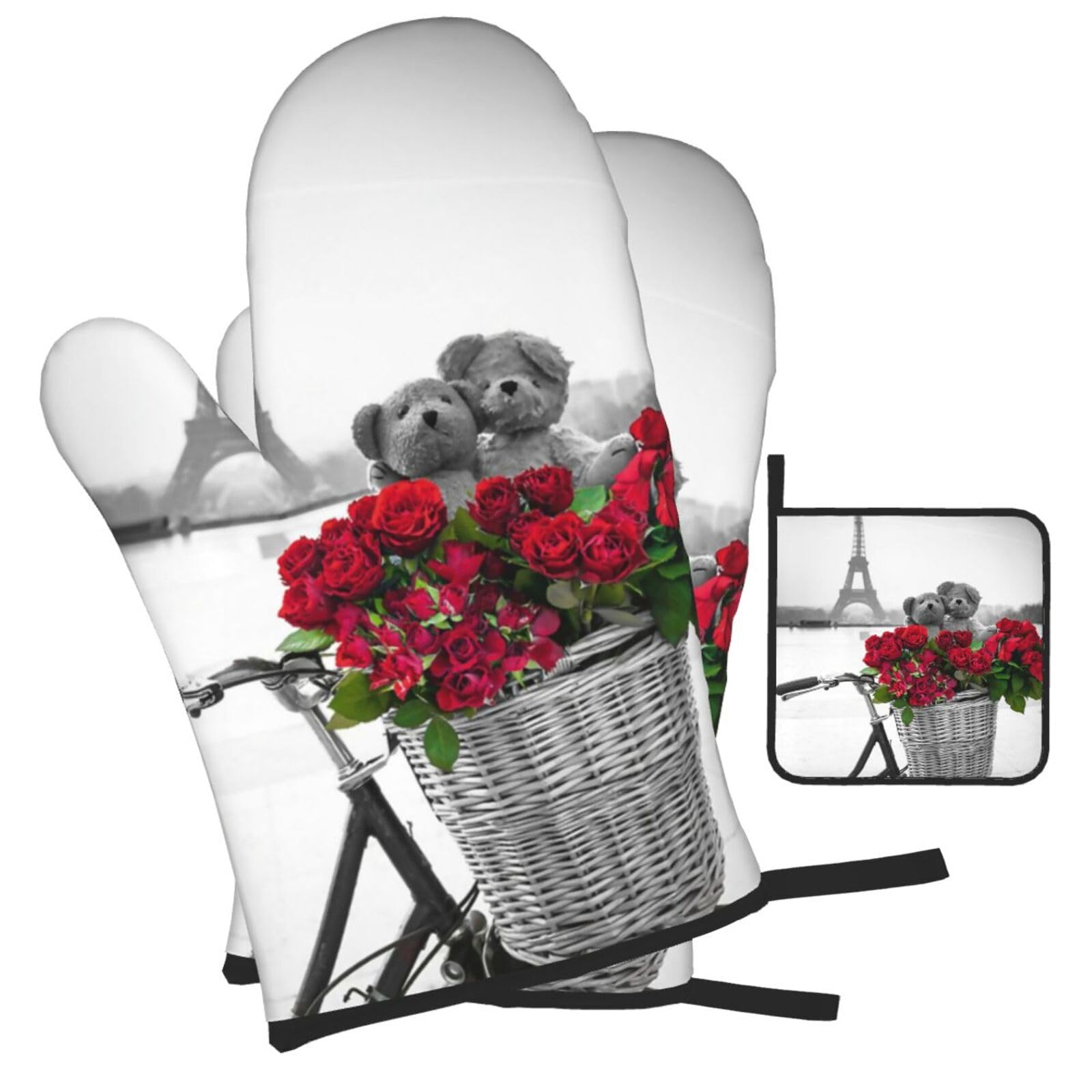 Romantic Eiffel Tower Printed Oven Mitts and Pot Holders Heat Resistant Set of 3 Pcs, Modern Kitchen Gloves & Potholders for Cooking Baking Grilling