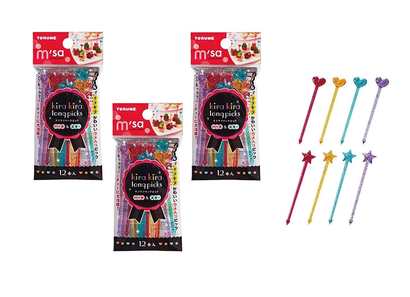 Torune Food Picks Bento Lunch Accessories Colorful Brilliantly Long Picks Heart Star 12pcs x 3 pcks (36pcs)