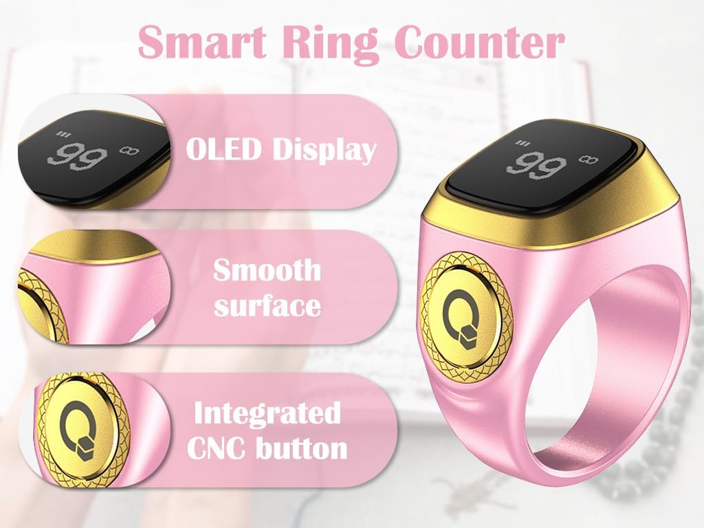 Anlising Smart Ring Counter, Smart Tasbih Zikr Ring, Muslim Islamic Prayer Smart Rings, Tasbih Counter Smart Ring, Tasbeeh Smart Counter, Digital Electronic Smart Tally Counter for Prayer (Pink, 18MM)