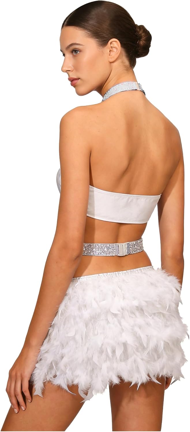 Womens Glitter Halter Sleeveless Feather Leotard Bodysuit Latin Dance Leotard Rave Party Outfits