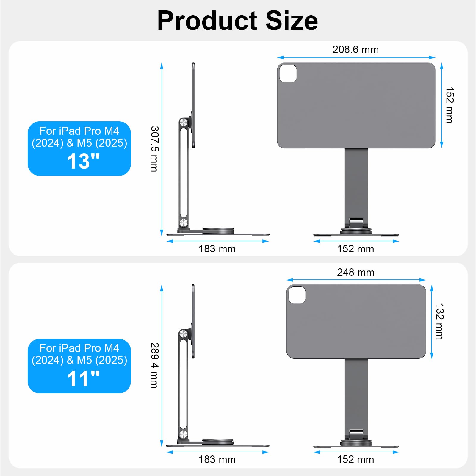 Supporto magnetico per iPad con carica senza fili 18W, 360 portacarte rotante in alluminio per iPad Pro M5/M4, serie regolabile di montaggio da tavolo (M5/M4-11inch)