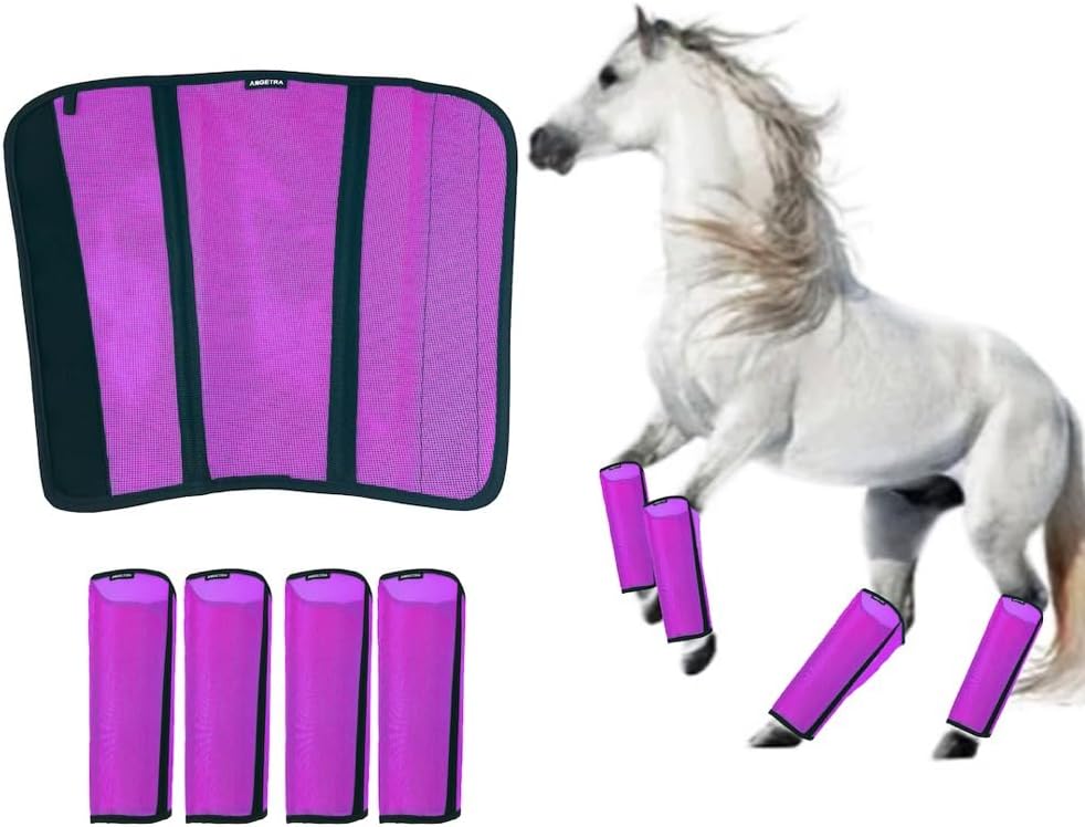 Mesh Horse Fly Boots Set of 4, Loose Fitting Shoofly Leggings for Horses with Breathable & Adjustable, Fly Leg Wraps for Horses Stop Annoying Stomping, Stay-on Comfortable Shoo Fly Boots (Purple)
