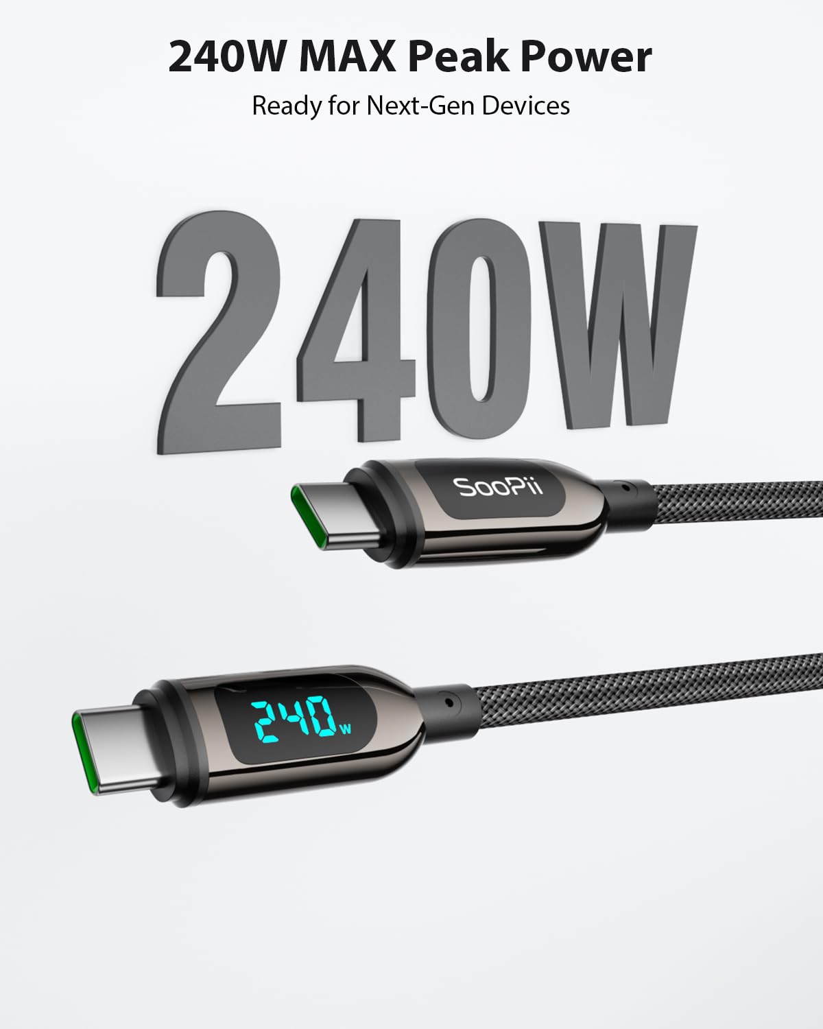 SOOPII 240W USB C to USB C Cable, [10ft,2Pack] Nylon Braided Fast Charging Cable with LED Display for lPhone 17/17 Pro/16 Plus/15 Pro Max,lPad Air,MacBook Pro,Galaxy S25/S24, Pixel, LG (Black)