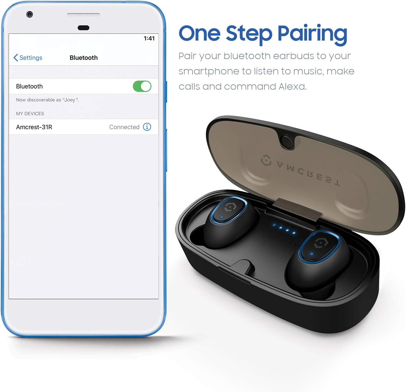 Amcrest Bluetooth Earbuds with Microphone, Deep Bass, Bluetooth 5.0 TWS in-Ear Wireless Bluetooth Earbuds with Mic, Wireless Charging Case, IPX4 Weatherproof Google Assistant & Siri Compatible