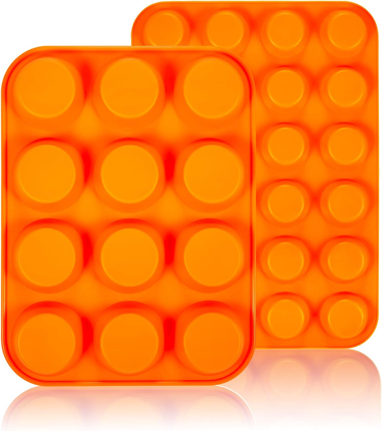 WARMWIND Silicone Muffin Pans, Non-Stick Cupcake Mold Including Mini 24 Cups, 12 Regular Cups, Silicone Bakeware Tray, Dishwasher Safe (2 Pack, Orange)
