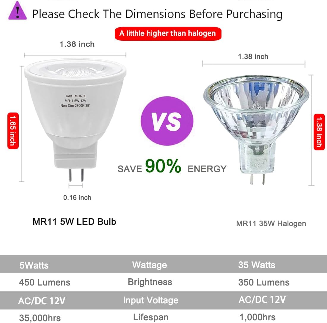 KAKEMONO 5W MR11 GU4.0 Led Bulbs, 35W Halogen Equivalent, 2700K Soft Warm White, 12V GU4 Low Voltage Spotlight for Outdoor Landscape Track Lighting, Not Dimmable-6 Pack