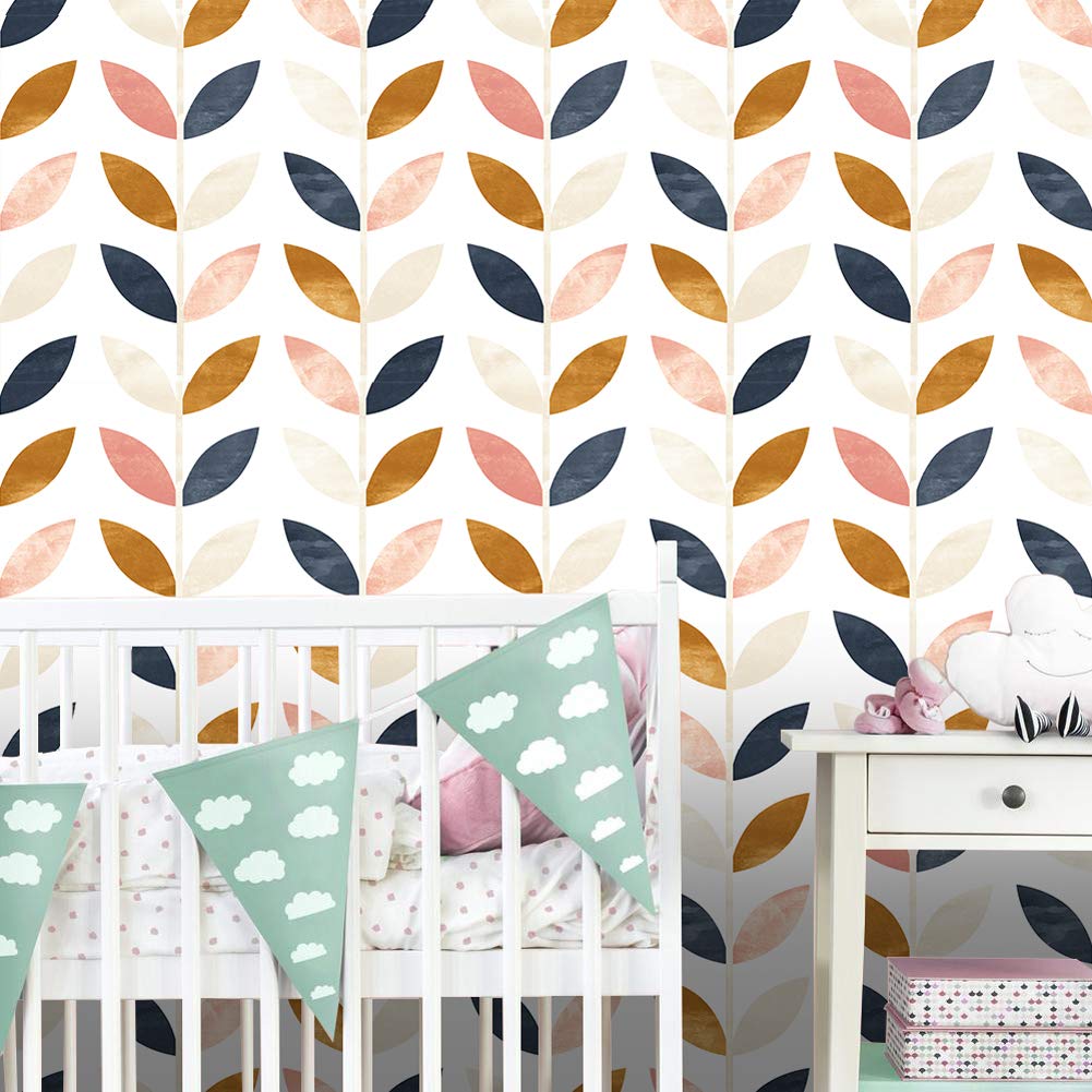HaokHome 93017 Leaf Peel and Stick Wallpaper Removable White/Brown/Pink/Navy Blue Vinyl Self Adhesive Decorative 17.7"x 9.8ft