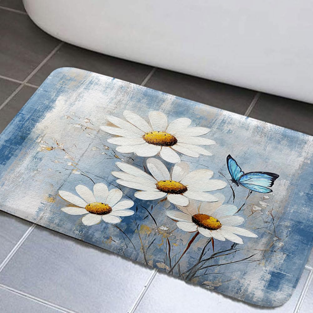 JAWO Blue Floral Bathroom Rugs, Rustic Farmhouse Bath Mats Farm Style Daisy Butterfly on Country Wooden Bath Rugs for Shower Tub Hallway, 16"x24" Blue