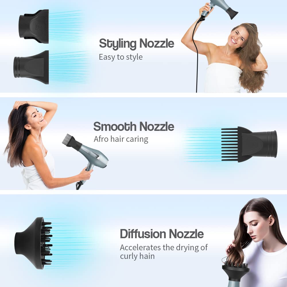 Phon capelli con Potente Motore 33 m/s, Asciugacapelli Ionico per Asciugatura Rapida e Styling, 7 Modalità Calore e Velocità, Uso Domestico e Saloni, Design Elegante Grigio-Blu