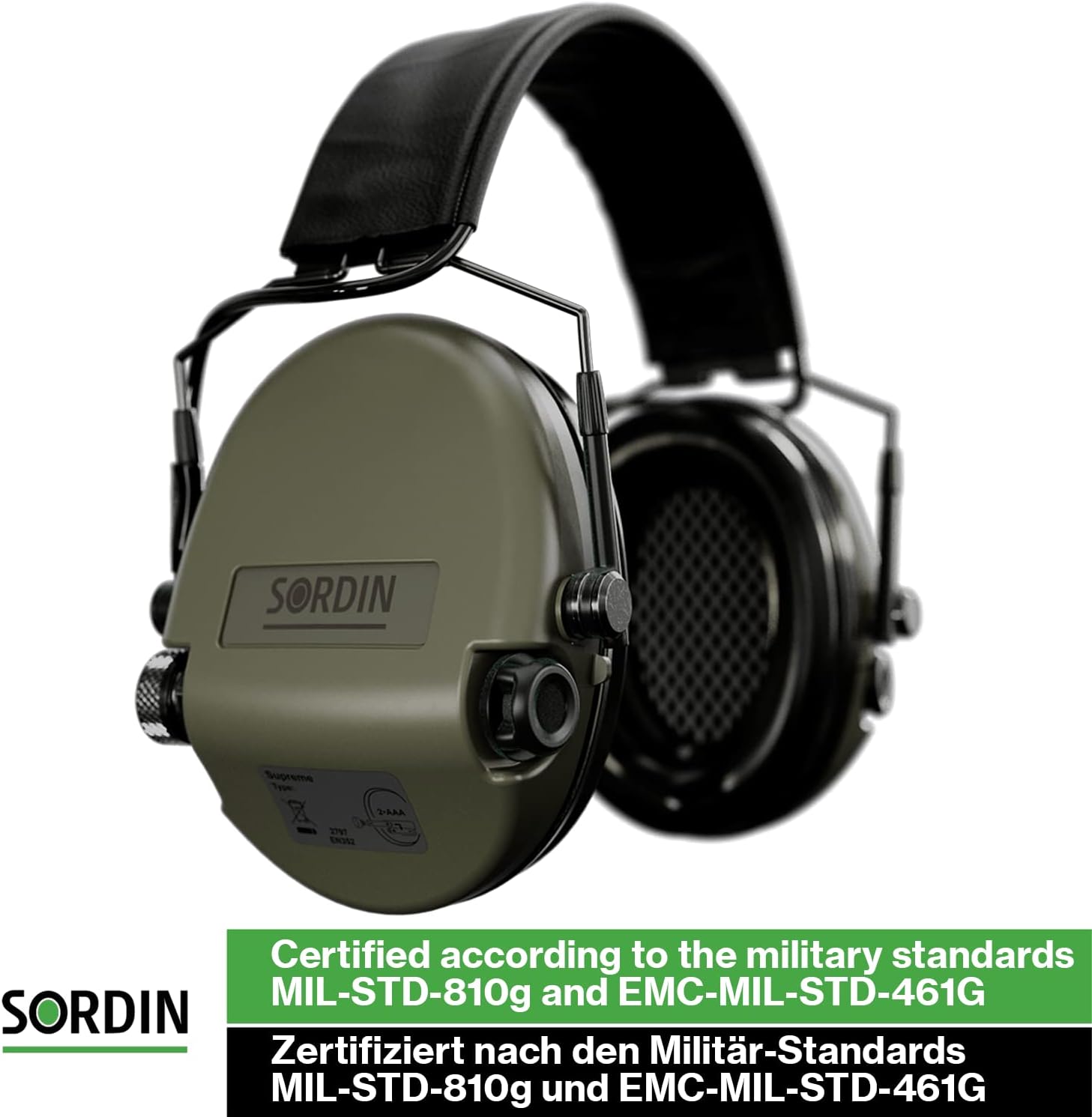 Sordin MIL AUX Slim Ear Muffs - Active and Electronic Military Ear Defenders w/Leather Headband - Tactical Earmuffs
