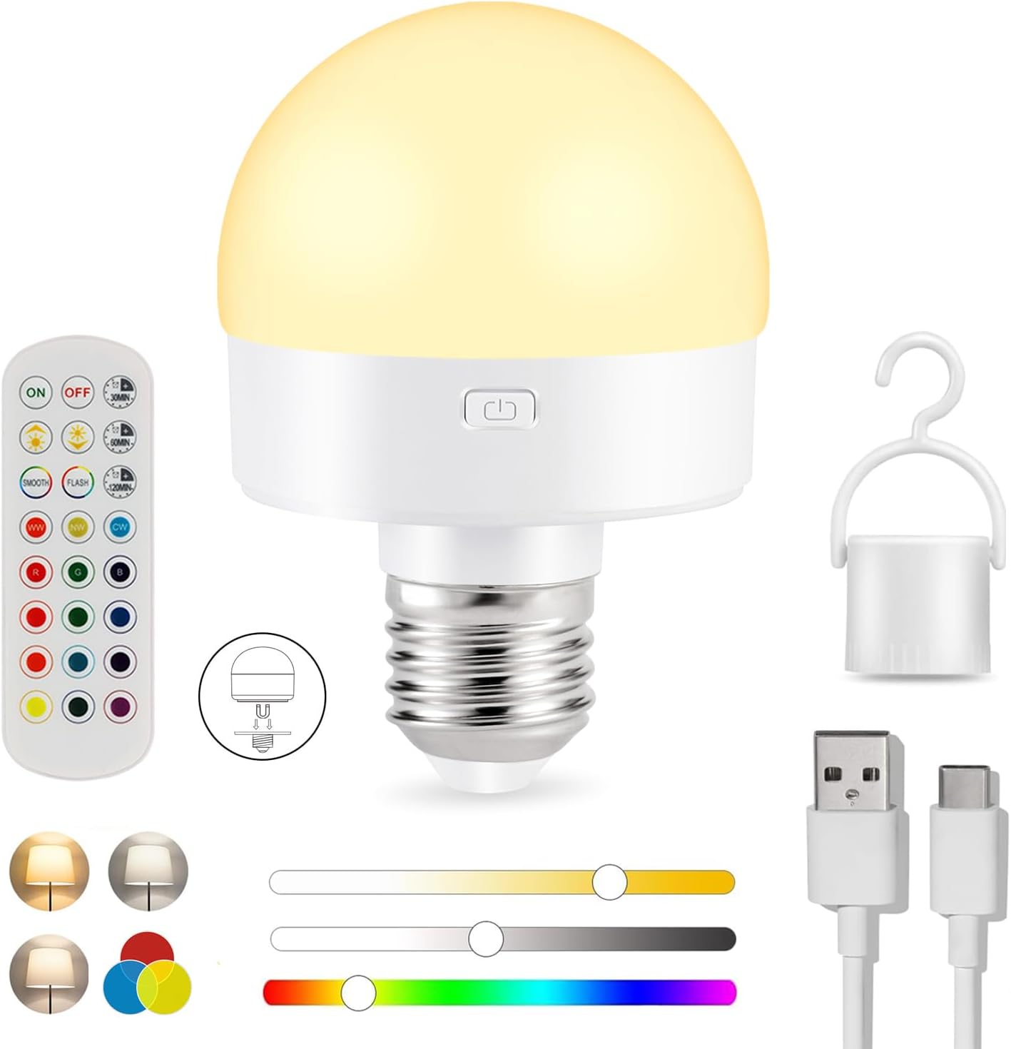 Rechargeable Battery Operated Light Bulb with Remote Control, 15 Colors Selectable Detachable LED Light Bulb with Timer/Dimmer/Magnetic/Hook Wireless Puck Light Bulb for Wall Sconce, Non-Hardwired