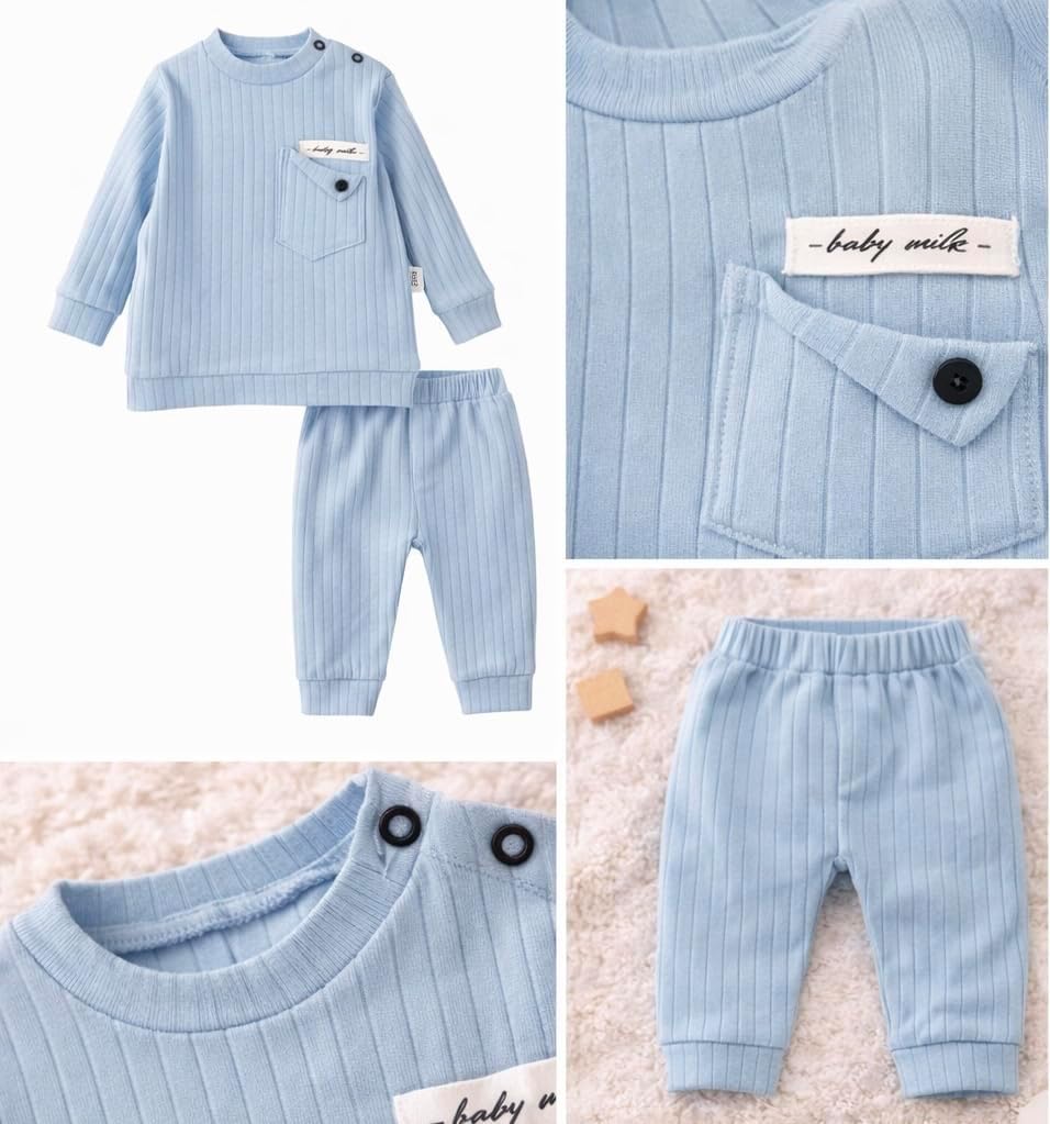 Baby Boy Blue Ribbed Cotton Outfit Set – Soft Long Sleeve Top & Pants, Comfortable Everyday Infant Clothing - Image 3