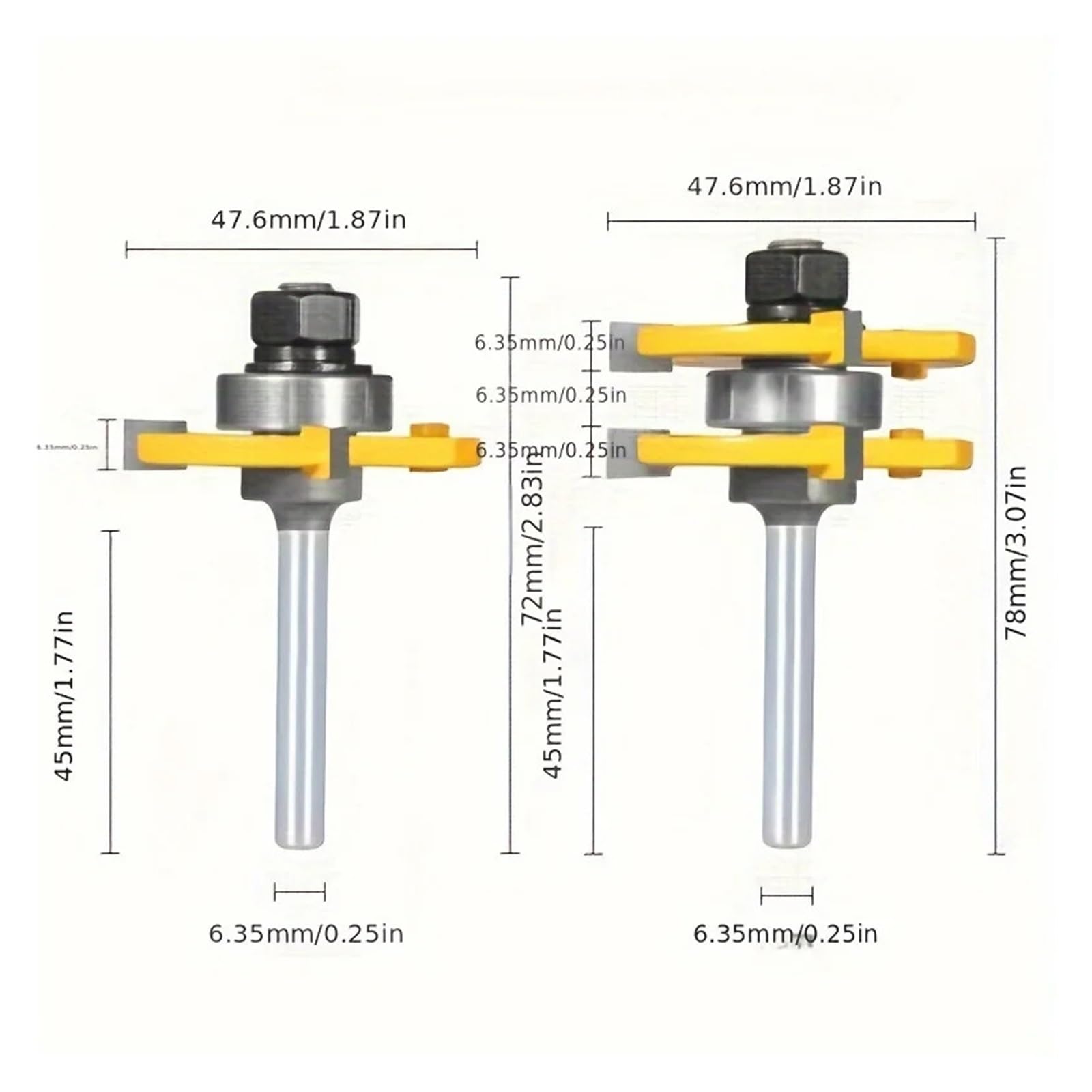 3 szt. Zestaw końcówek frezarskich 1/4" - 45° 3-zębny frez typu T do połączeń na wczepy jaskółczy ogon 6,35 mm trzonek Narzędzia stolarskie drewna
