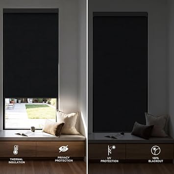 Blackout Roller Shades, Cordless Roller Blinds for Windows, Thermal Insulated Fabric Window Shades UV Protection for Home, Office, Bedroom, Door, Black, 34