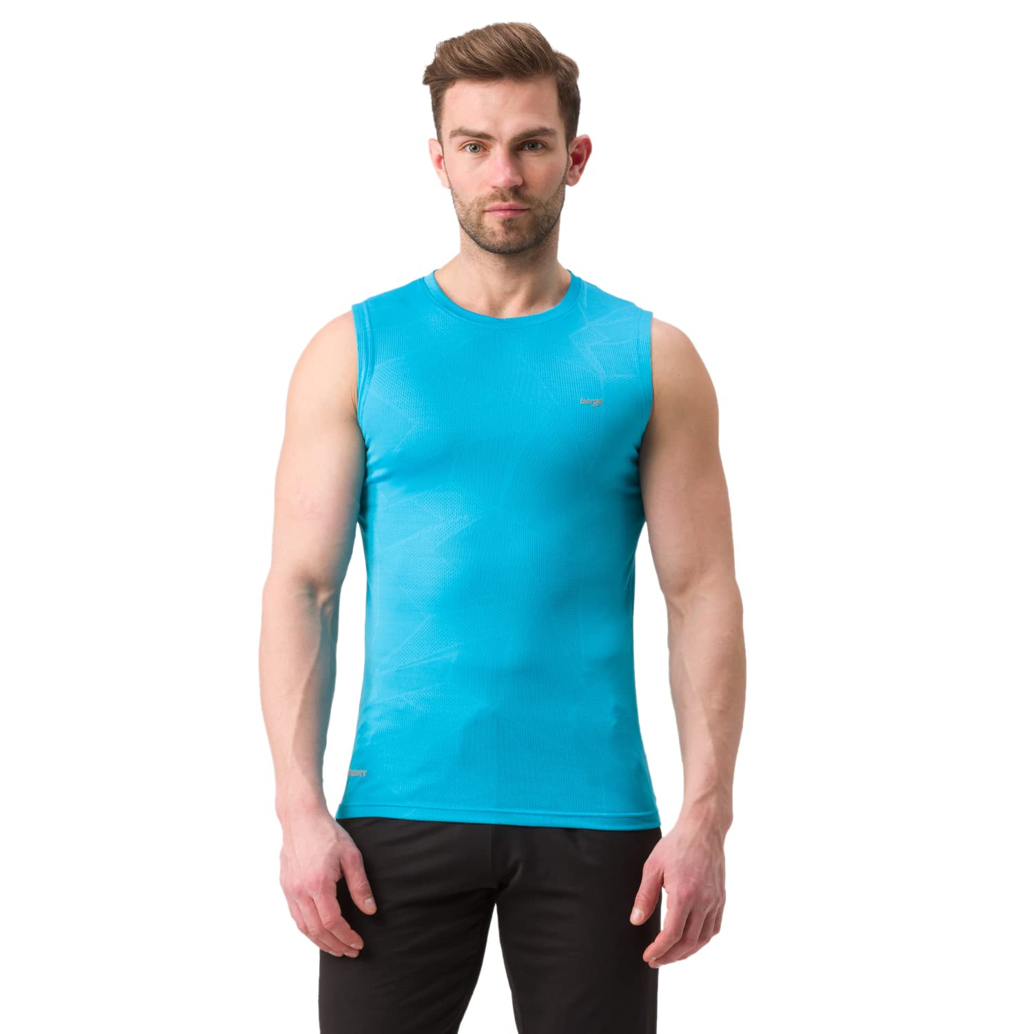 berge' Men's Sleeveless T-Shirt, 100% Polyester Jacquard Geometric Print Tshirt for Swimming Badminton Running Sporting Activity, Slim Fit Round Neck Gym Tank Tops & Muscle Tees