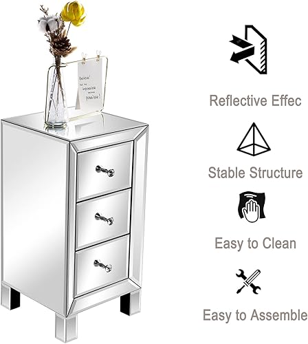 Miniatura 5 de HomVent Mesita de noche con espejo 3 dibujos mesa auxiliar de cristal plateado mesa esquinera contemporánea mesa auxiliar con espejo mesa de noche
