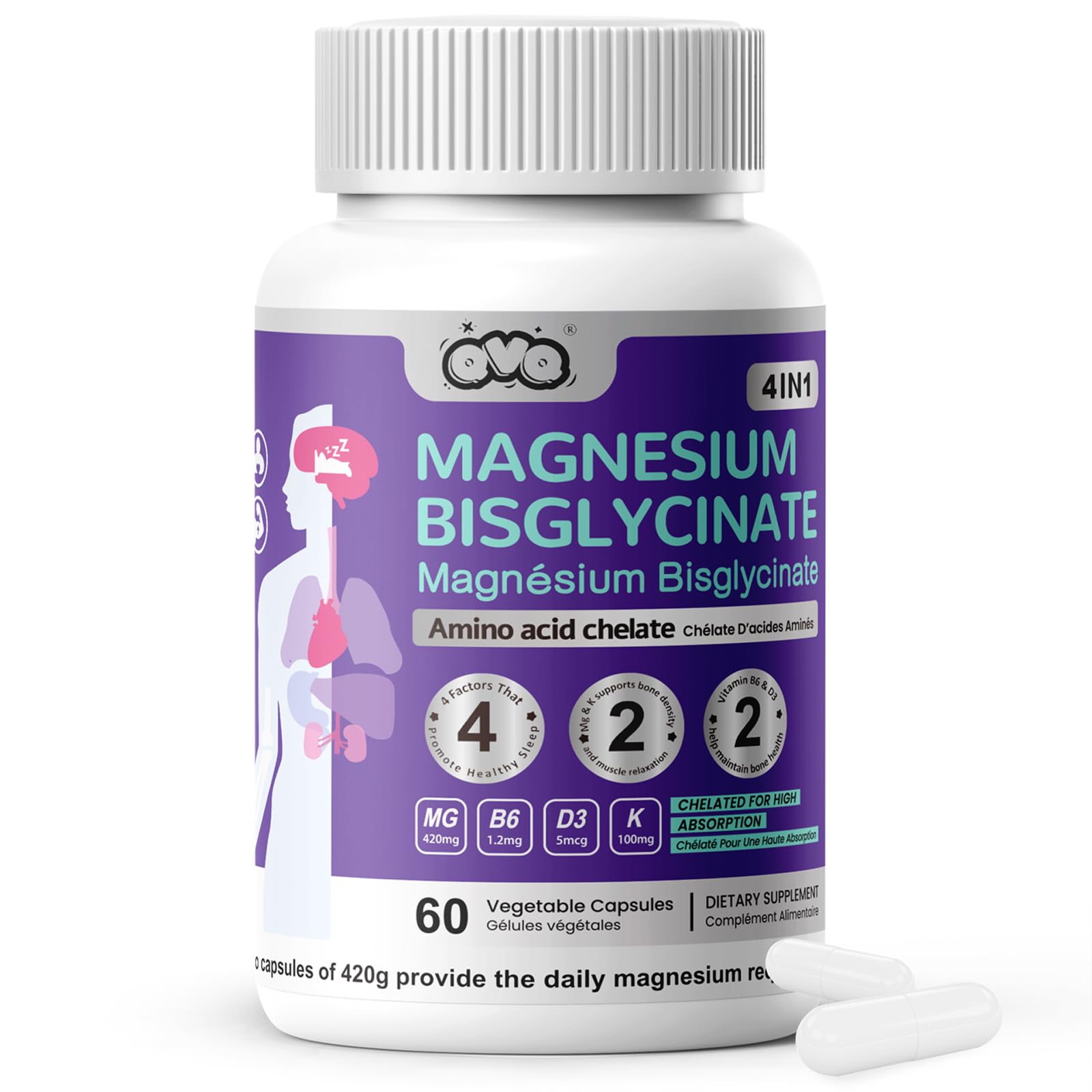 420 Mg Magnesium Bisglycinate Amino Acid Chelated Supplement with Vitamin and Potassium High Absorption Formula for Muscle Relaxation Bone & Joint Support Magnesium Complex Capsules