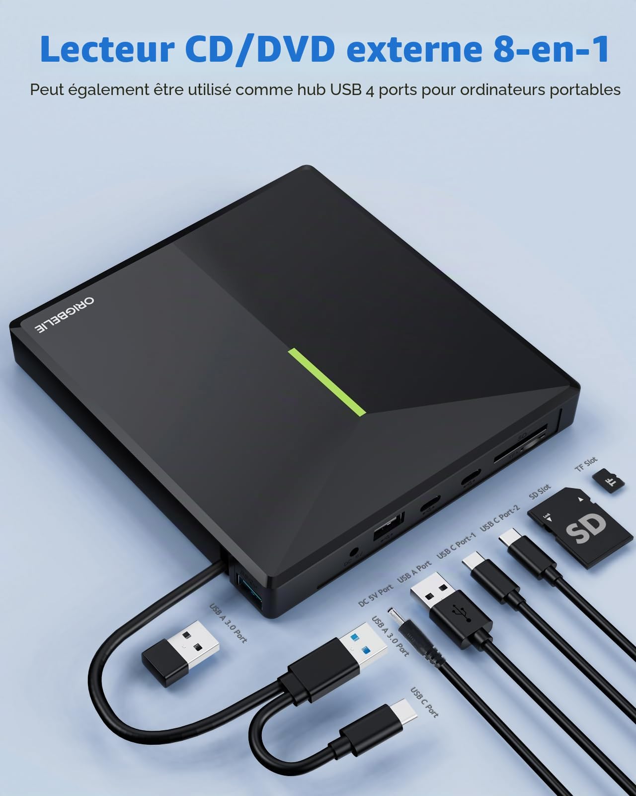 ORIGBELIE Graveur DVD Externe avec 4 Ports USB et 2 Emplacements pour Carte TF/SD, Lecteur CD Externe pour PC, Ordinateur Portable, MacBook, Windows 11/10/8/7 Linux Mac OS avec Boîte de Rangement