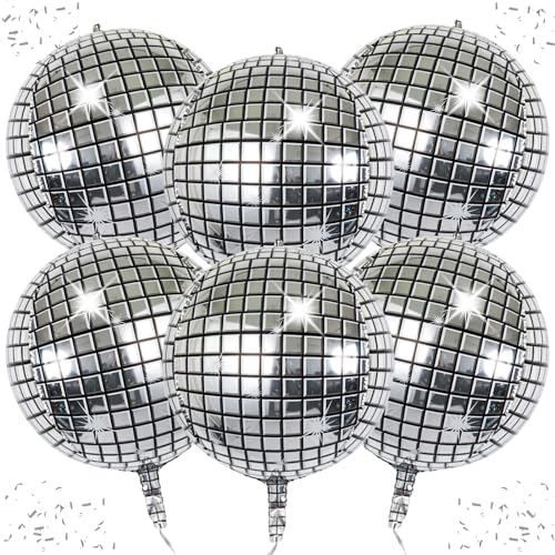 Image of 6-Pack 22 Inch Silver 4D Disco Ball Balloons - Decorations for 90s Dancing Queen Party