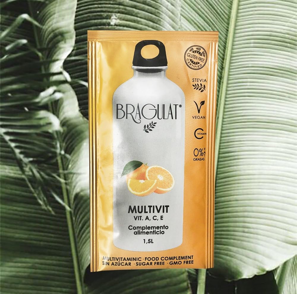 BRAGULAT/Saborizantes de agua Sin Azucar, con fruta deshidratada, Vitamina C y B12, colorantes y sabores naturales | 15 Sobres Multivitaminicos.