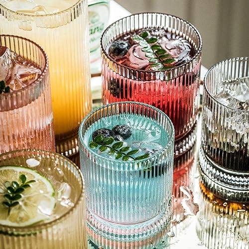 KEMORELA Ribbed Glassware Drinking Glasses - Set of 8 Vintage Cute Glass Cups - Ripple Rluted Aesthetic Drinkware, 8oz Old Fashioned Glass, Origami Style Cocktail Glasses for Coffee Drink Beer (8PCS) - Image 4