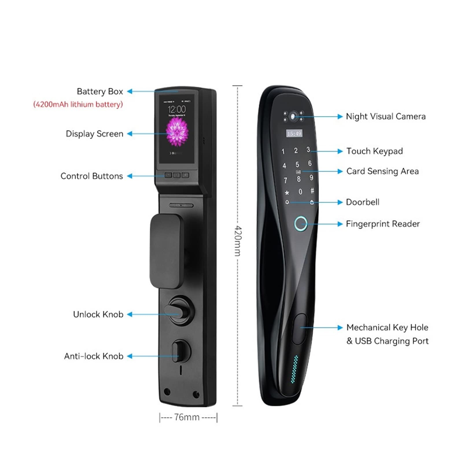 Serratura per porta d'ingresso con impronta digitale, Smart Door Lock Fingerprint Digital WiFi Lock Calco Connected Camera Monitor Invia foto a Mobile(Silver)