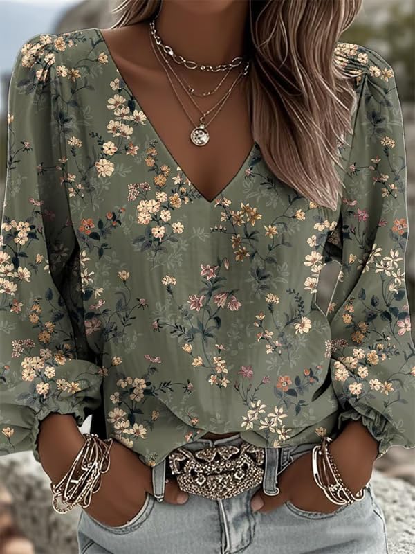 Women’s Boho V-Neck Long Sleeve Blouse Top – Olive Green Casual Vintage Floral Print Shirt - Image 2